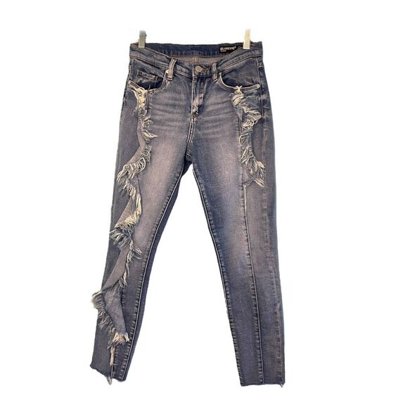 Blank NYC Good Call Frayed Jeans Blue Medium Wash Ruffle Trim Distressed 27 - Picture 4 of 9